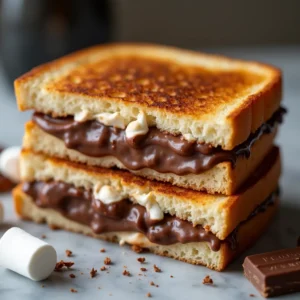 Detailed close-up of grilled chocolate and marshmallow sandwiches texture