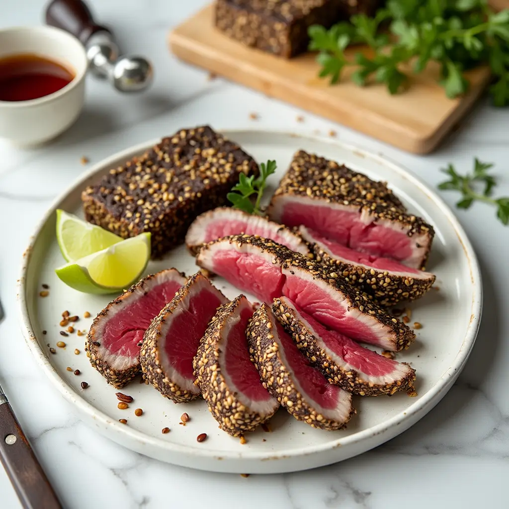 A plate of perfectly seared ahi tuna steaks with sesame seeds, sliced thin to reveal a rare pink center, served with lime wedges and soy sauce