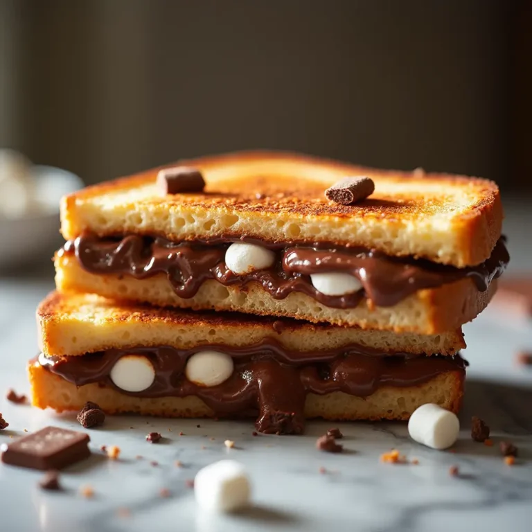 Cross-section view of two stacked chocolate marshmallow sandwich showing layers